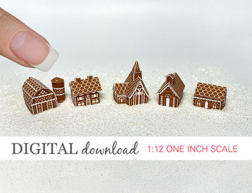 Preview image of 1:12 scale printable dollhouse gingerbread houses designed for miniatures and offered as digital sheets ready for instant download and printing.